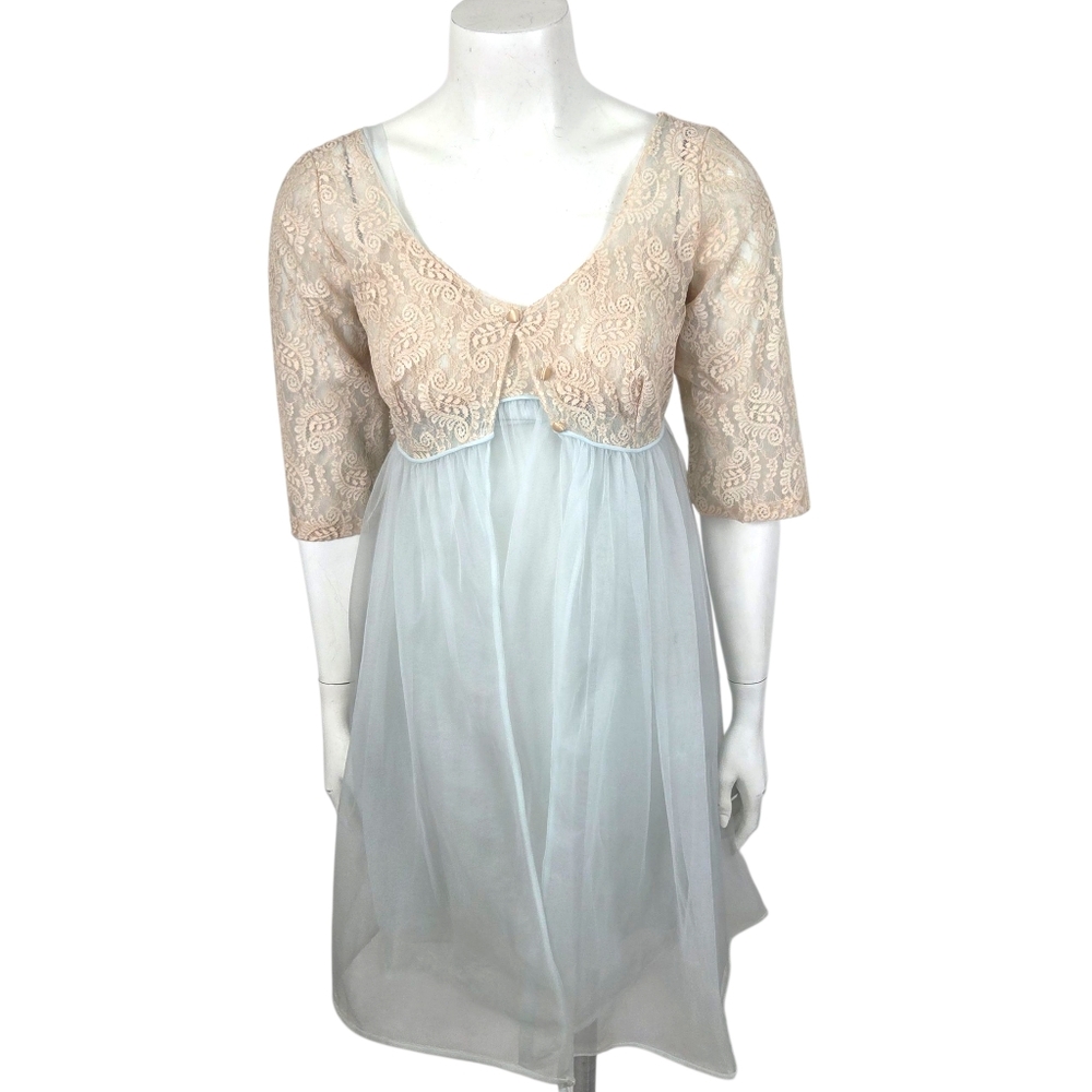 Vintage 60s Lisette Al Sterling Peignoir Nightgown Robe Set 34 Blue Beige Lace